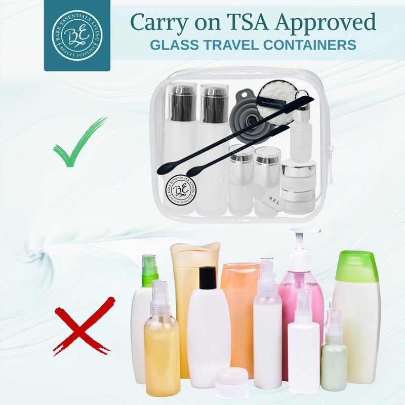Bare Essentials Living 14 Pcs Travel Skincare Containers Set-TSA Approved Toiletry Bag & Glass Travel Bottles for Toiletries Pump, Spray & Dropper Bottles Travel Size Containers for Foundation, Serum Moisturizer Oil & Cream - Image 3