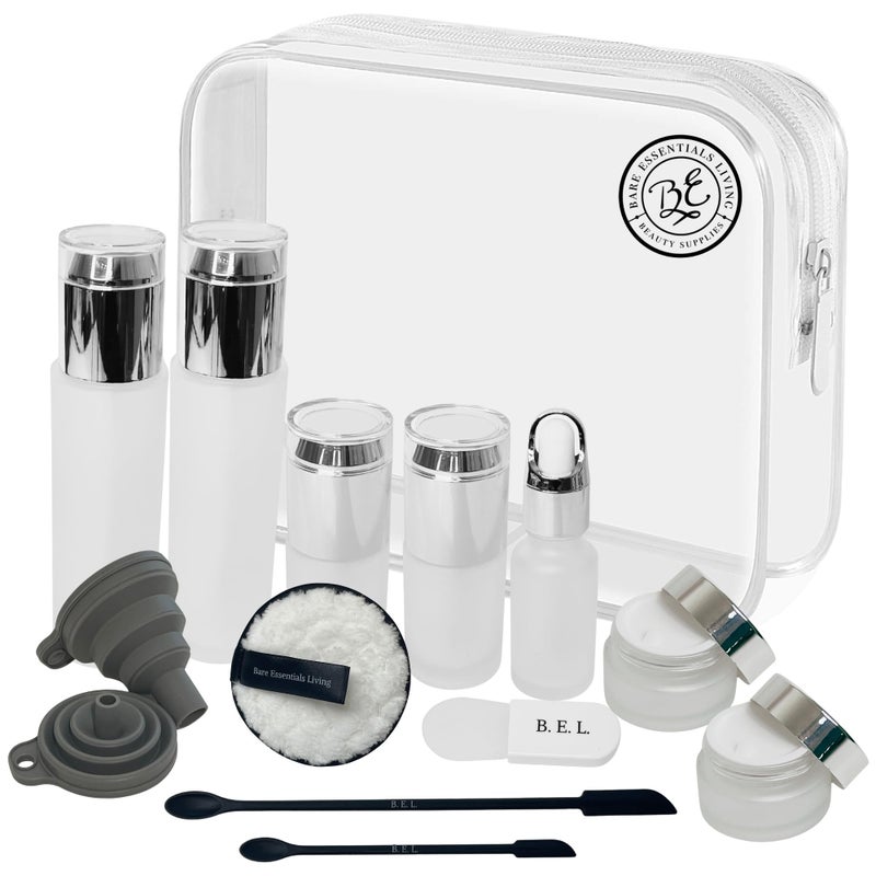Bare Essentials Living 14 Pcs Travel Skincare Containers Set-TSA Approved Toiletry Bag & Glass Travel Bottles for Toiletries Pump, Spray & Dropper Bottles Travel Size Containers for Foundation, Serum Moisturizer Oil & Cream - Image 1