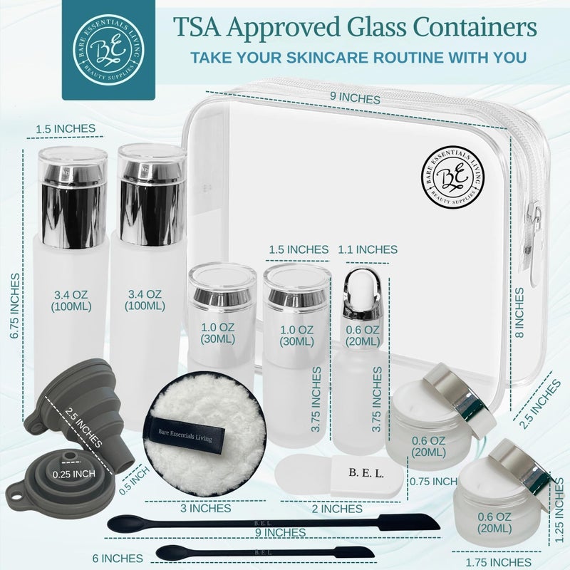 Bare Essentials Living 14 Pcs Travel Skincare Containers Set-TSA Approved Toiletry Bag & Glass Travel Bottles for Toiletries Pump, Spray & Dropper Bottles Travel Size Containers for Foundation, Serum Moisturizer Oil & Cream - Image 4