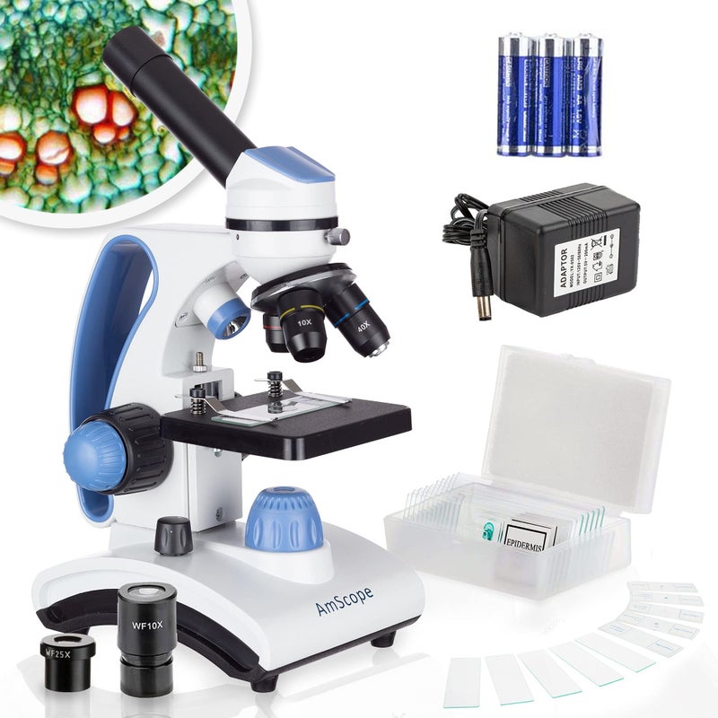 AmScope AmScope M162C-2L-PB10-WM"Awarded 2018 Best Students and Kids Microscope Kit" - 40X-1000X Dual Light All Metal Microscope with Slides and Microscope Book, Blue  - Image 2