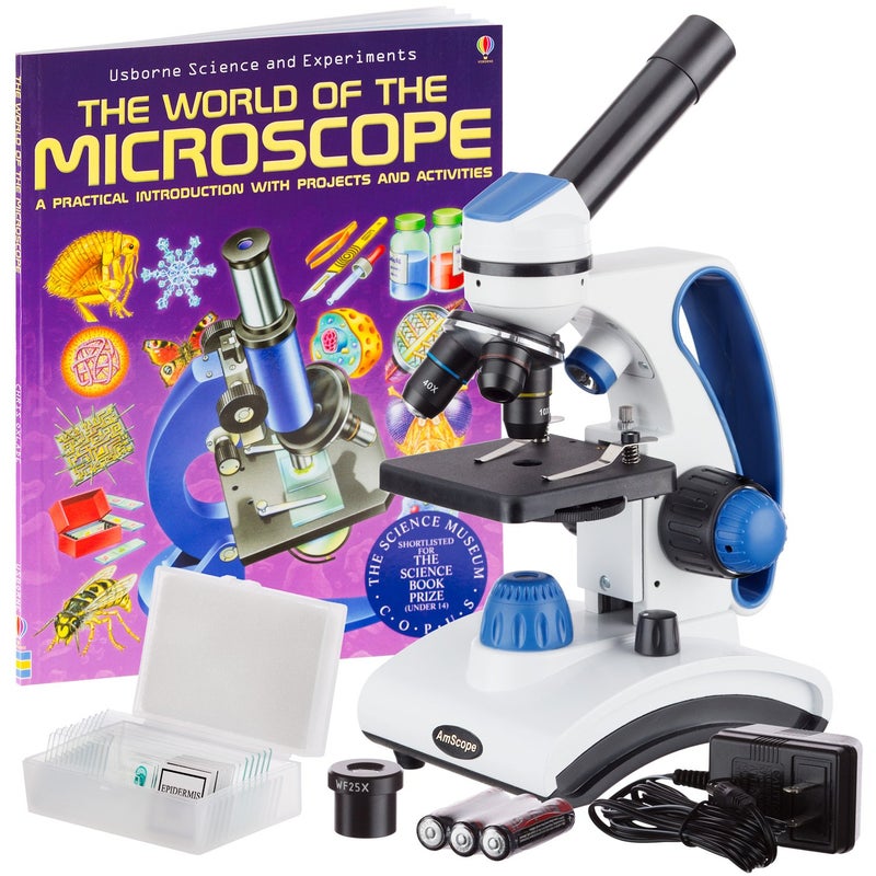 AmScope AmScope M162C-2L-PB10-WM"Awarded 2018 Best Students and Kids Microscope Kit" - 40X-1000X Dual Light All Metal Microscope with Slides and Microscope Book, Blue  - Image 1