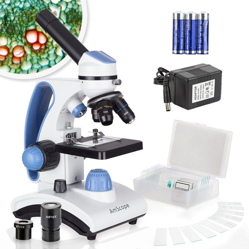 AmScope AmScope M162C-2L-PB10-WM"Awarded 2018 Best Students and Kids Microscope Kit" - 40X-1000X Dual Light All Metal Microscope with Slides and Microscope Book, Blue  - Image 4
