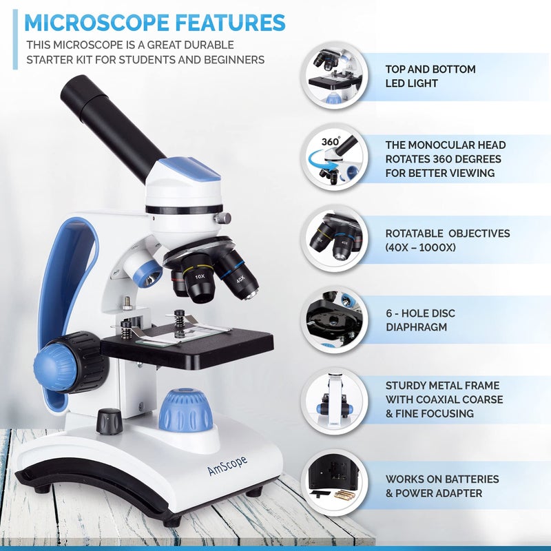 AmScope AmScope M162C-2L-PB10-WM"Awarded 2018 Best Students and Kids Microscope Kit" - 40X-1000X Dual Light All Metal Microscope with Slides and Microscope Book, Blue  - Image 3