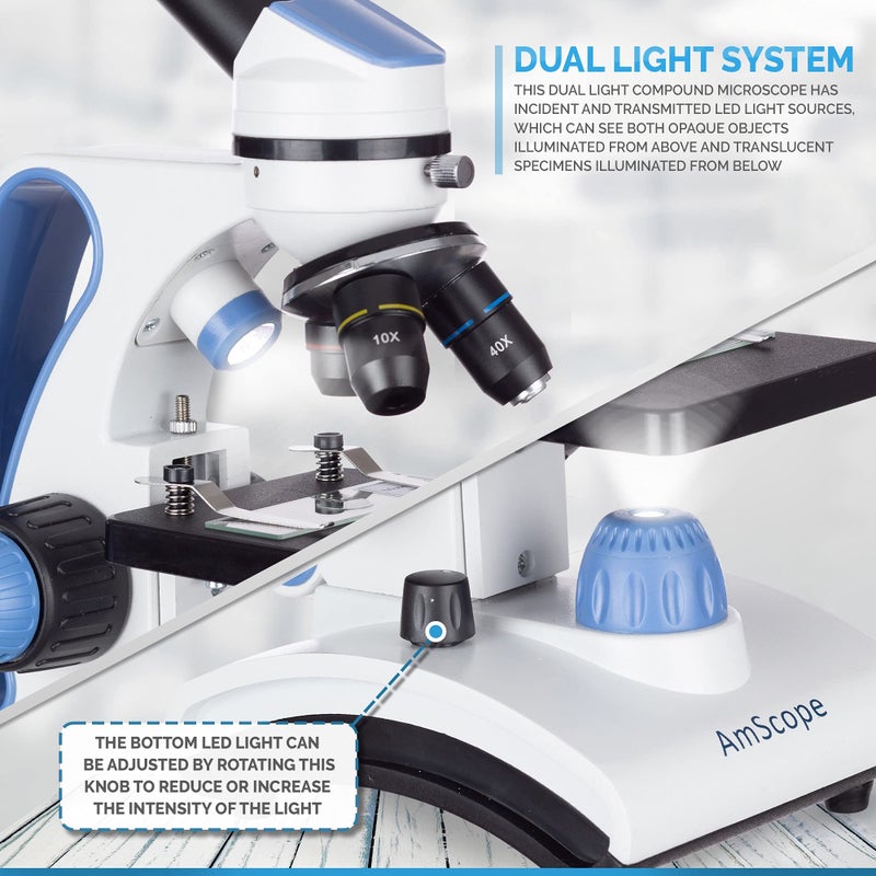 AmScope AmScope M162C-2L-PB10-WM"Awarded 2018 Best Students and Kids Microscope Kit" - 40X-1000X Dual Light All Metal Microscope with Slides and Microscope Book, Blue  - Image 5