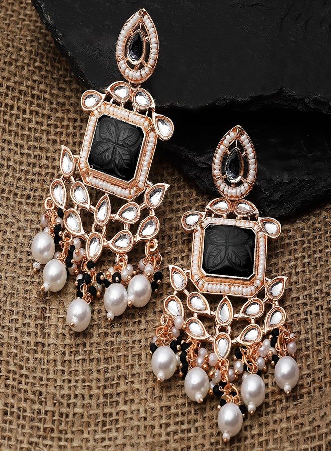 Karatcart Rose Gold Plated Black Carved Stone Kundan Drop Earrings for Women - Image 3