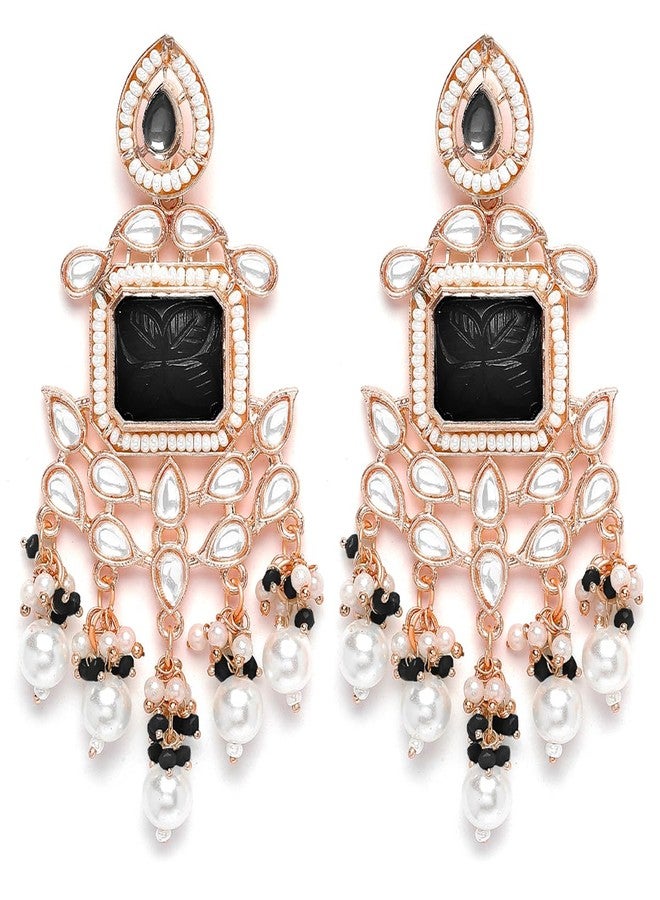 Karatcart Rose Gold Plated Black Carved Stone Kundan Drop Earrings for Women - Image 1