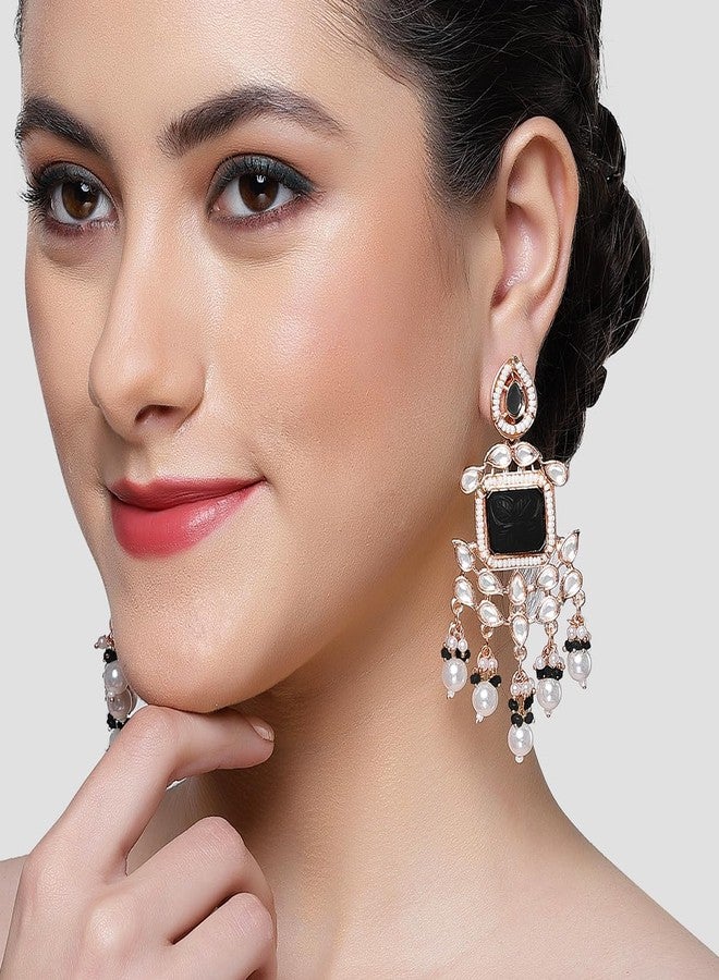 Karatcart Rose Gold Plated Black Carved Stone Kundan Drop Earrings for Women - Image 2