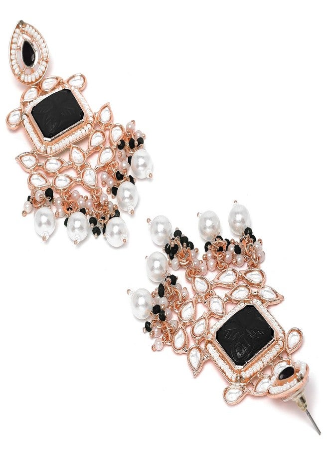 Karatcart Rose Gold Plated Black Carved Stone Kundan Drop Earrings for Women - Image 4