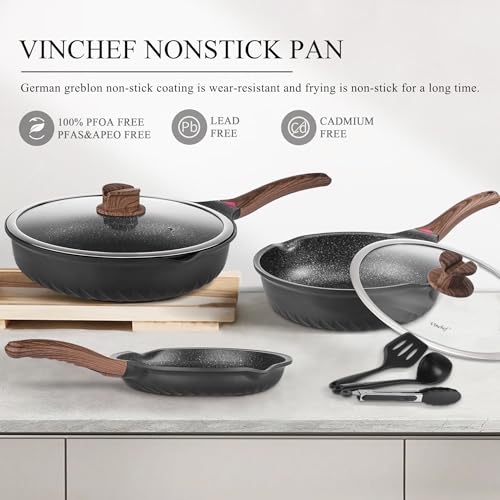 Vinchef Pots and Pans Set, 12pcs Nonstick Induction Kitchen Cookware Sets with Stay-Cool Handles, Frying Pans and Saute Pan with Lid, Silicone Cooking Utensil Sets and Pot Protectors, PFAS, PFOA Free - Image 2
