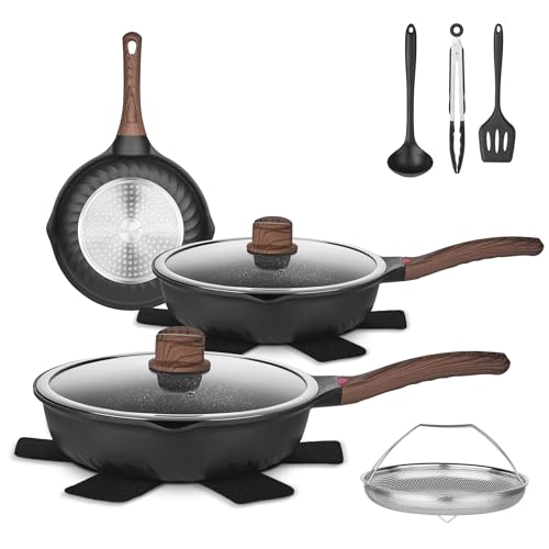 Vinchef Pots and Pans Set, 12pcs Nonstick Induction Kitchen Cookware Sets with Stay-Cool Handles, Frying Pans and Saute Pan with Lid, Silicone Cooking Utensil Sets and Pot Protectors, PFAS, PFOA Free - Image 1