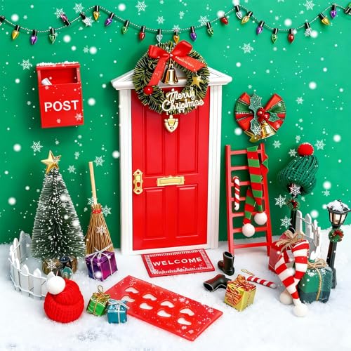 Bbiamsleep 31 Pcs Christmas Elf Fairy Door Kit Tiny Wooden Miniature Fairy Doors with Christmas Decoration Accessories for Mini House Xmas DecorRed - Image 1