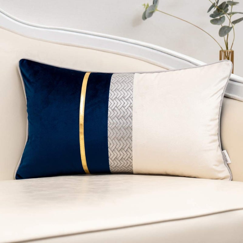 Yangest Navy Blue Patchwork Velvet Lumbar Pillow Cover with Gold Striped Leather Cushion Case Modern Luxury Pillowcase for Sofa Couch Bedroom Living Room Home Decor12x20