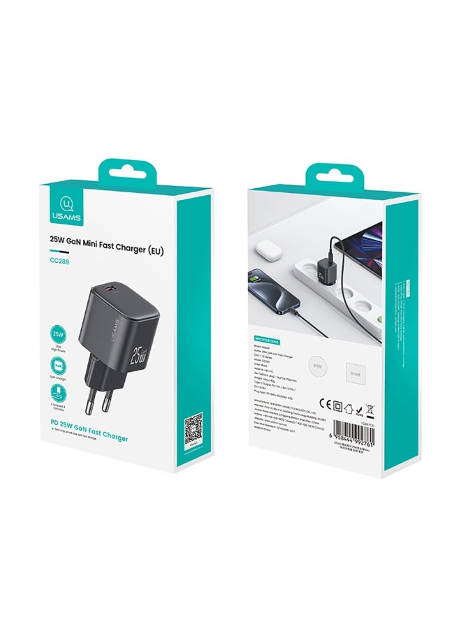 USAMS CC289 Wall Charger PD25W GaN Fast Charging Changer With Type-C Port(EU)-Black