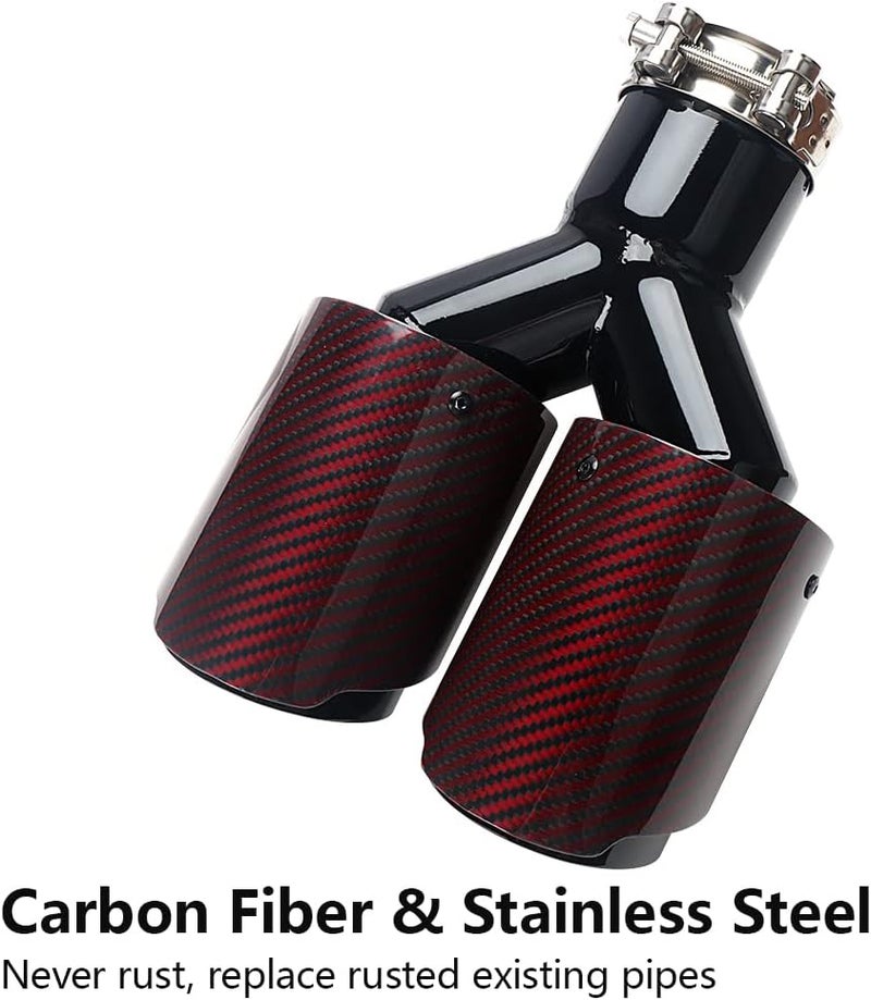 A-KARCK Carbon Fiber Exhaust Tip 2.5" Inlet to Dual 3.5" Outlet, 9.8" Long Stainless Steel Tailpipe Tip (Black Pipe and Red Shell) - Image 2