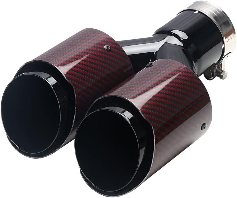 A-KARCK Carbon Fiber Exhaust Tip 2.5" Inlet to Dual 3.5" Outlet, 9.8" Long Stainless Steel Tailpipe Tip (Black Pipe and Red Shell) - Image 1
