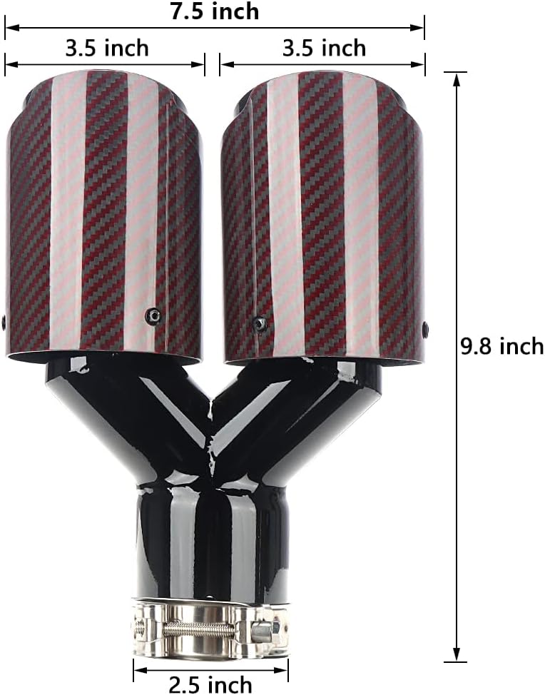 A-KARCK Carbon Fiber Exhaust Tip 2.5" Inlet to Dual 3.5" Outlet, 9.8" Long Stainless Steel Tailpipe Tip (Black Pipe and Red Shell) - Image 4