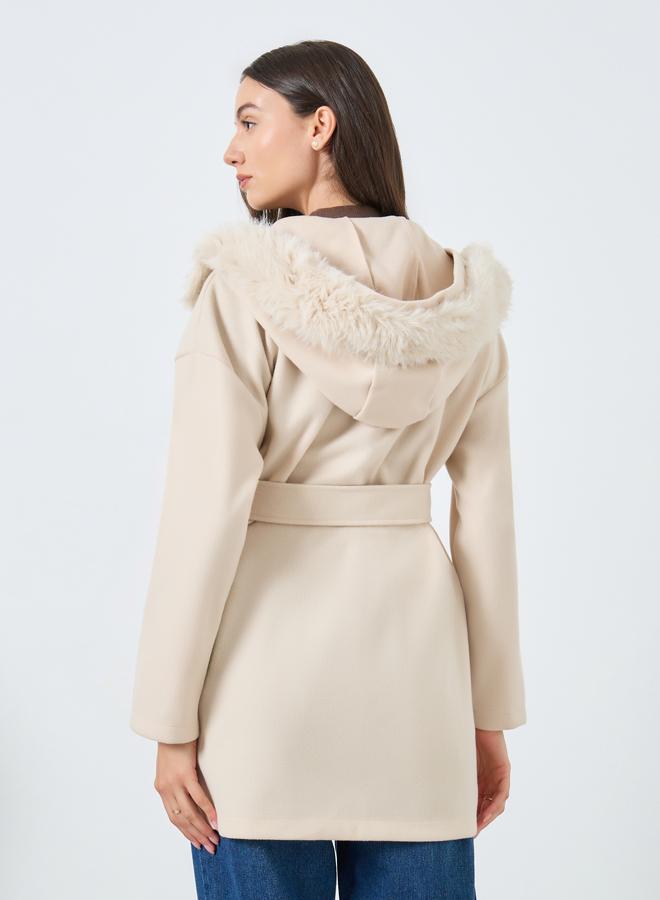 Take Two Faux Fur Hooded Coat with Tie Belt - Image 5