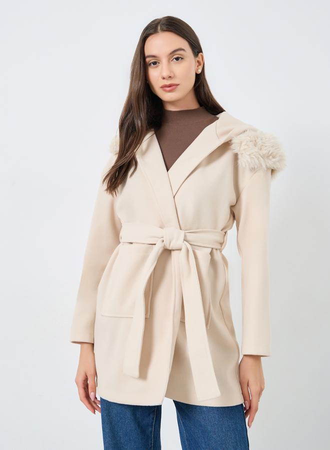 Take Two Faux Fur Hooded Coat with Tie Belt - Image 1