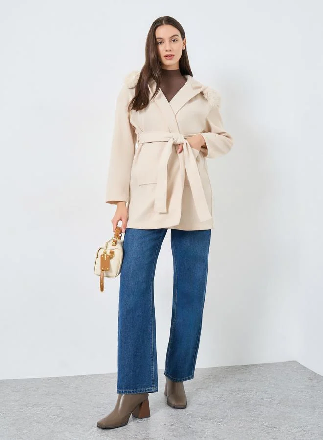 Take Two Faux Fur Hooded Coat with Tie Belt