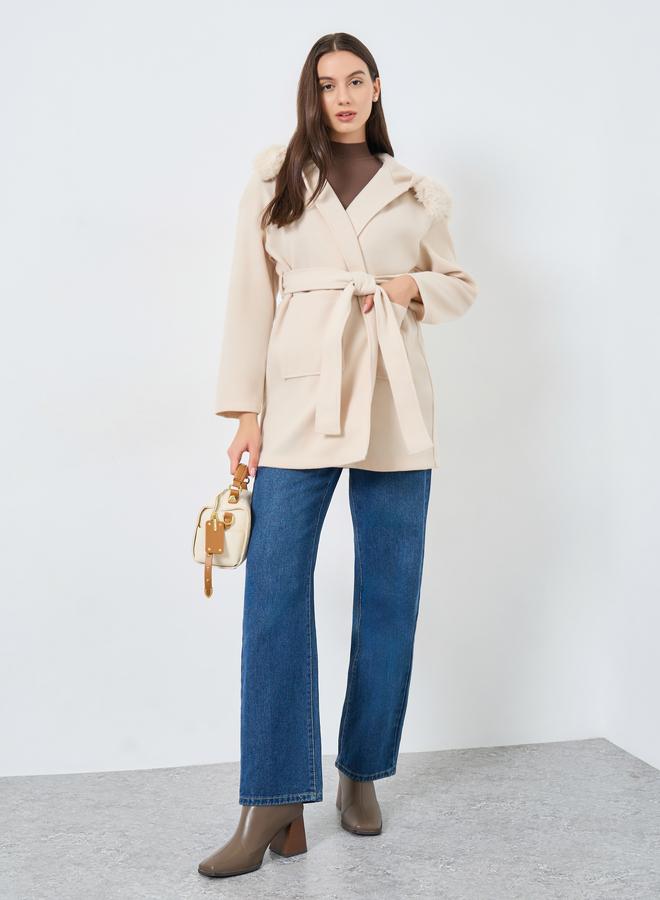 Take Two Faux Fur Hooded Coat with Tie Belt - Image 2