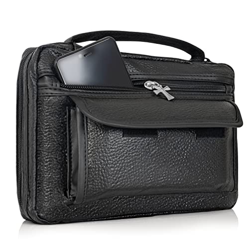 Embassy New Embassy Italian Stone Design Black Genuine Leather Bible Cover Zippered Main Compartment - Image 1