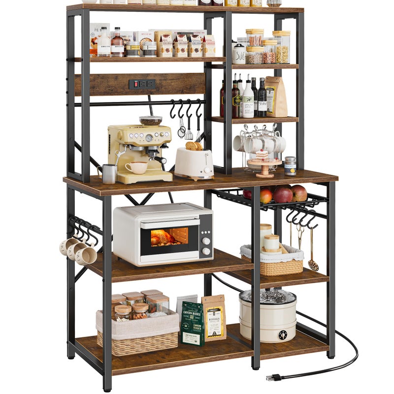 SUPERJARE SUPERJARE Large Bakers Rack with Power Outlets 6Tier Microwave Stand Coffee Bar with 12 SShaped Hooks Kitchen Shelf with Wire Basket 393 x 155 x 669 Inches Rustic Brown