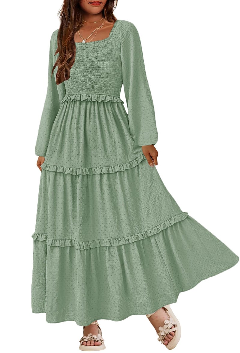 HOSIKA Teen Gilrs Long Dress Boho Swiss Dot Ruffle Tiered Swing Flowy Loose Casual Maxi Dress with Pockets 6-12 Y Sage - Image 1