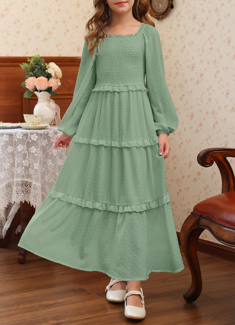 HOSIKA Teen Gilrs Long Dress Boho Swiss Dot Ruffle Tiered Swing Flowy Loose Casual Maxi Dress with Pockets 6-12 Y Sage - Image 2