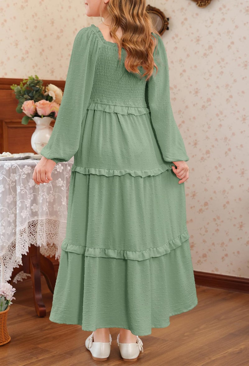 HOSIKA Teen Gilrs Long Dress Boho Swiss Dot Ruffle Tiered Swing Flowy Loose Casual Maxi Dress with Pockets 6-12 Y Sage - Image 3