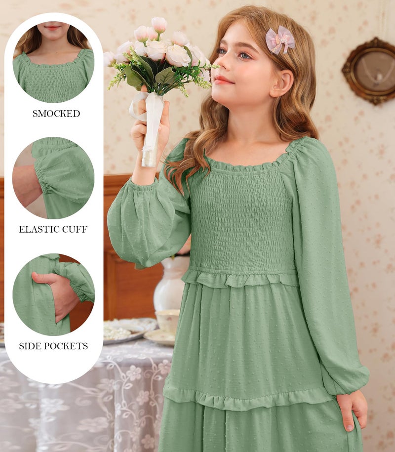 HOSIKA Teen Gilrs Long Dress Boho Swiss Dot Ruffle Tiered Swing Flowy Loose Casual Maxi Dress with Pockets 6-12 Y Sage - Image 5