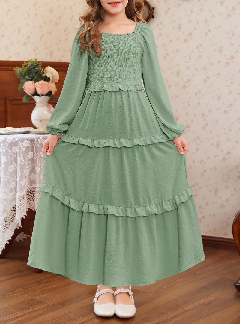 HOSIKA Teen Gilrs Long Dress Boho Swiss Dot Ruffle Tiered Swing Flowy Loose Casual Maxi Dress with Pockets 6-12 Y Sage - Image 4