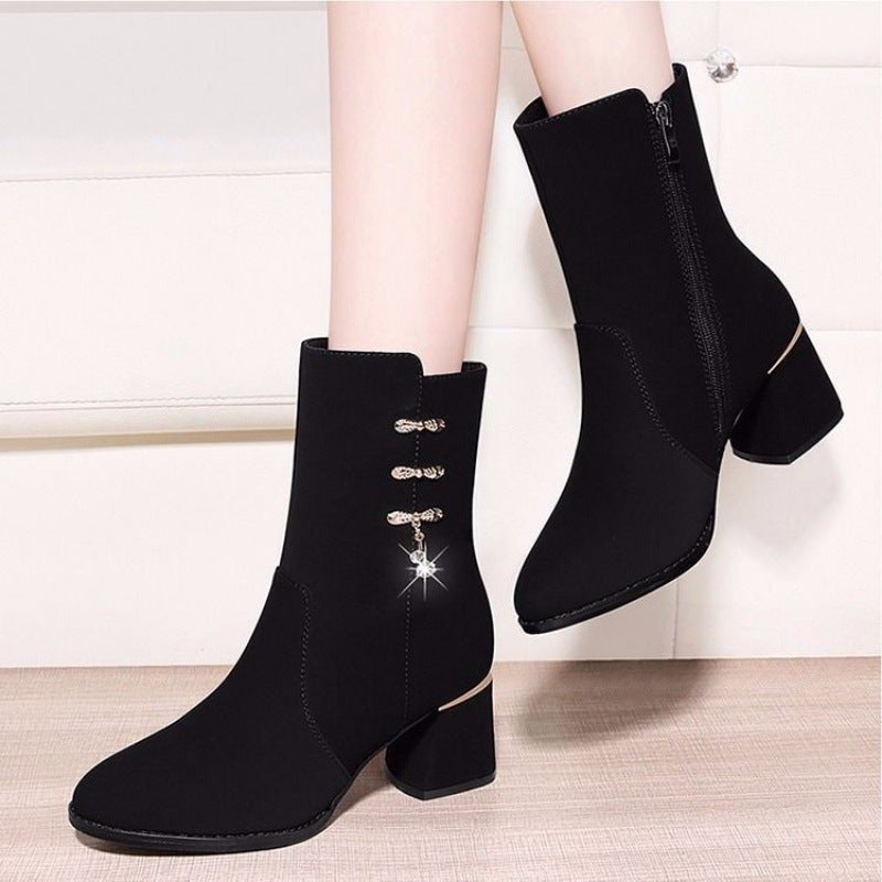 Thickened Fleece-Lined Boots 2023 Mid Heel Thick Heel Half Barrel Cotton Boots Non-Slip Soft Bottom Short Boots Snow Boots - Image 1