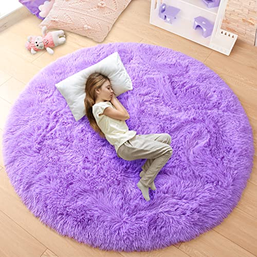 junovo Round Rug 6x6 Feet Fluffy Soft Area Rugs for Kids Girls Room Princess Castle Plush Shaggy Carpet Cute Circle Nursery Rug for Kids Teens Bedroom Home Decor Large Circular Carpet Purple