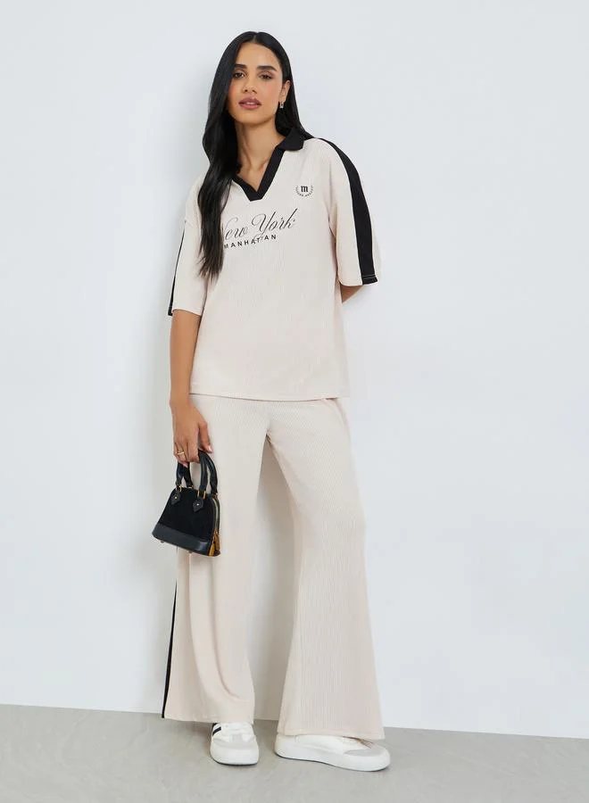 Styli Beige Slogan Print Collared Oversized Polo T-Shirt
