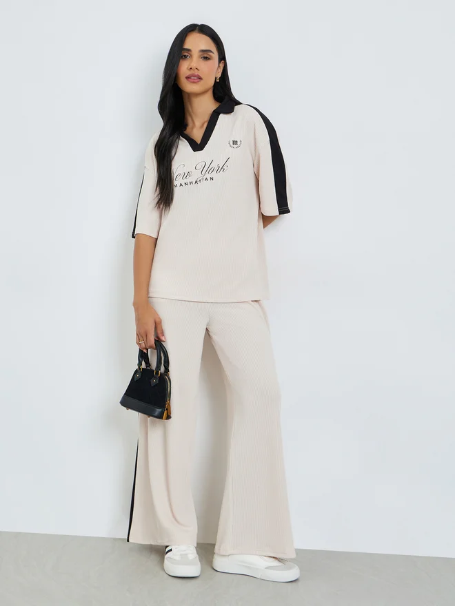 Styli Beige Slogan Print Collared Oversized Polo T-Shirt