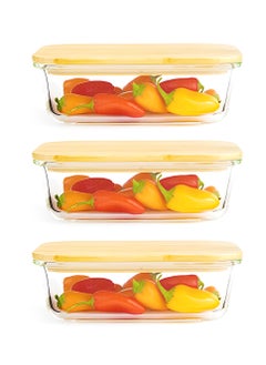BLACKSTONE Set of 3 Glass Food Containers with Wooden Lids & Silicone Rings – 1040ml Leakproof Storage Solution  - Image 1