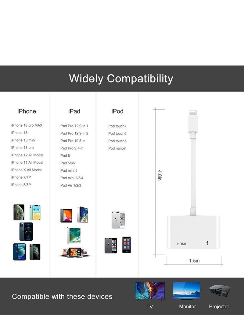 HDMI Adapter for iPhone,HDMI Sync Screen Converter, 1080P HDMI Digital AV Adapter with Charing Port,Compatible with iPhone 13/12/11/X/8/7/ iPad/ iPod to HD TV/Monitor/Projector. [No Need Power] - Image 5