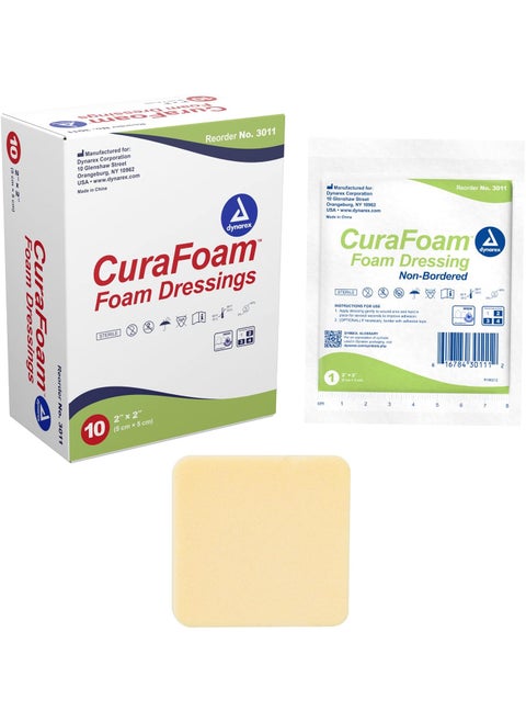 Dynarex 3011 CuraFoam Foam Dressing, Non-Bordered, Sterile, Provides Cushioned and Moist Wound Care, 2" x 2", Pack of 10