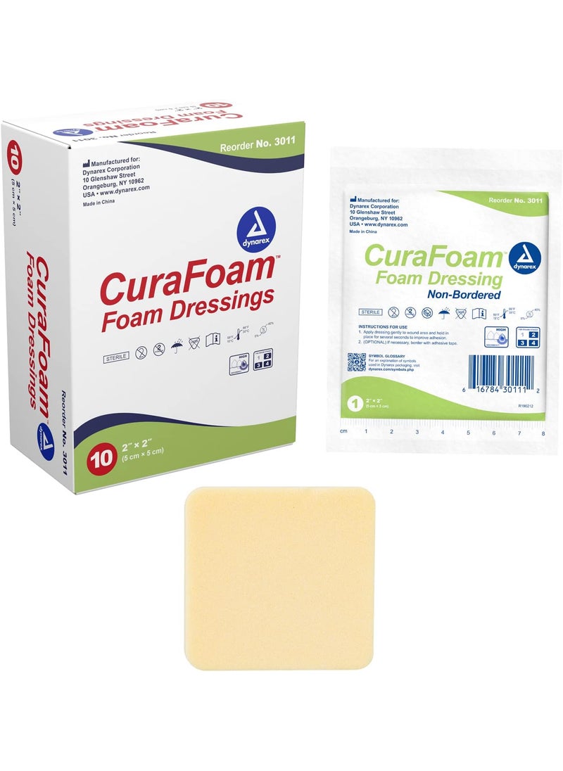 Dynarex Dynarex 3011 CuraFoam Foam Dressing, Non-Bordered, Sterile, Provides Cushioned and Moist Wound Care, 2" x 2", Pack of 10 