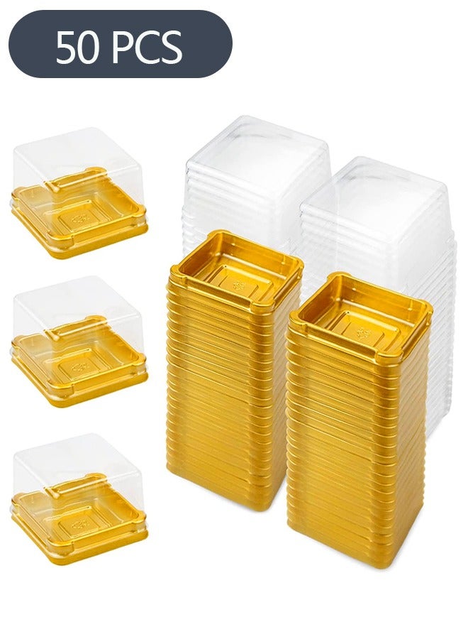 Ant صندوق كعك القمر مكون من 50 قطعة، صناديق كب كيك صغيرة، حاوية مربعة من البلاستيك الشفاف صندوق كعك القمر صندوق كعك الكوكيز لمستلزمات حفلات الزفاف وأعياد الميلاد (ذهبي) - Image 1