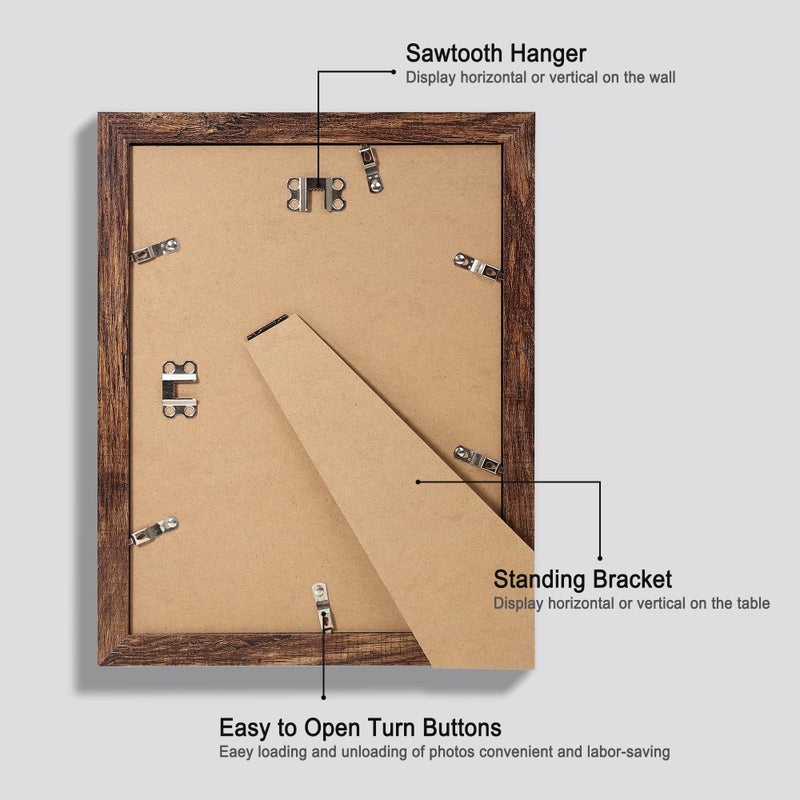 Hongkee 9x12 Picture Frame Set of 4  Made of Glass and Rustic Brown Wooden Frame - Display Picture 6x8 with Mat or 9 x 12 Without Mat  9 by 12 Photo for Wall or Tabletop - Image 3