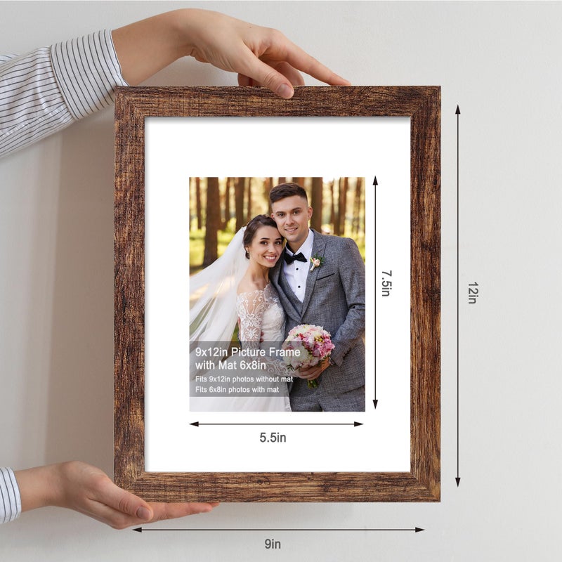 Hongkee 9x12 Picture Frame Set of 4  Made of Glass and Rustic Brown Wooden Frame - Display Picture 6x8 with Mat or 9 x 12 Without Mat  9 by 12 Photo for Wall or Tabletop - Image 2