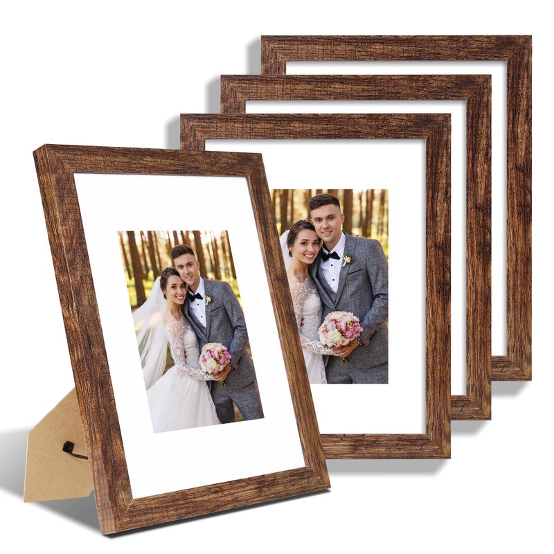 Hongkee 9x12 Picture Frame Set of 4  Made of Glass and Rustic Brown Wooden Frame - Display Picture 6x8 with Mat or 9 x 12 Without Mat  9 by 12 Photo for Wall or Tabletop - Image 1