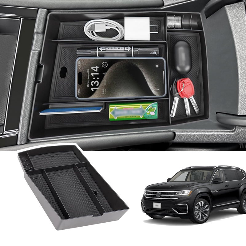 Neepiar Center Console Organizer Compatible with 2024 2025 VW Volkswagen Atlas and Cross Sport Center Console Storage Box Interior AccessoriesArmrest Storage Tray