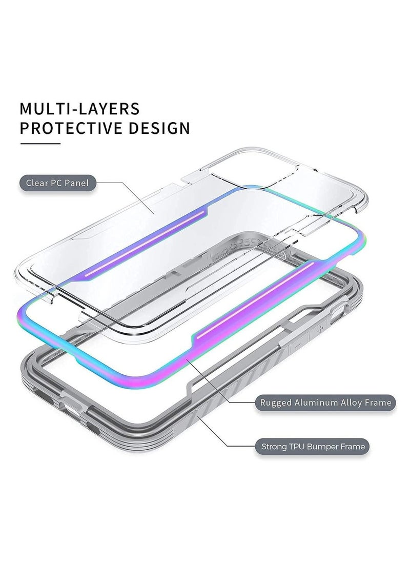 JOWAY - iPhone 13 and iPhone 14 Heavy Duty Defender Case Rugged Anti-Drop Clear Back Cover with Shockproof Hybrid Metal and TPU Bumper Frame Aurora - Image 1