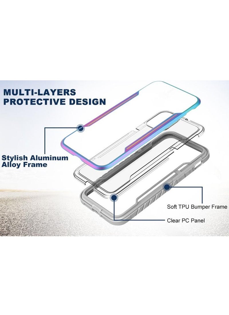 JOWAY - iPhone 13 and iPhone 14 Heavy Duty Defender Case Rugged Anti-Drop Clear Back Cover with Shockproof Hybrid Metal and TPU Bumper Frame Aurora - Image 1
