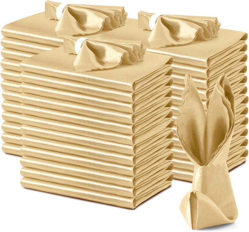 VACVELT 100 Pack Gold Satin Scalloped Square Napkins, 17x17 Inch, Wedding & Party Napkins, Luxury Satin Fabric, Machine Washable - Image 1