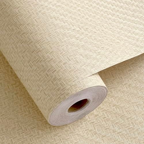 Haimin Fabric Wallpaper Textured Contact Paper (24in X 393in) Grasscloth Wallpaper Peel and Stick Faux Linen Wall Paper Self-Adhesive Vinyl Looks Like Woven Straw (Yellow Beige) - Image 1