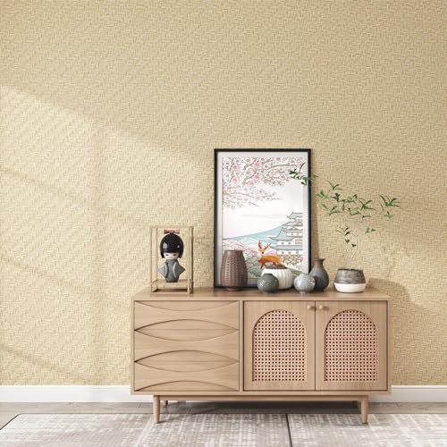 Haimin Fabric Wallpaper Textured Contact Paper (24in X 393in) Grasscloth Wallpaper Peel and Stick Faux Linen Wall Paper Self-Adhesive Vinyl Looks Like Woven Straw (Yellow Beige) - Image 2