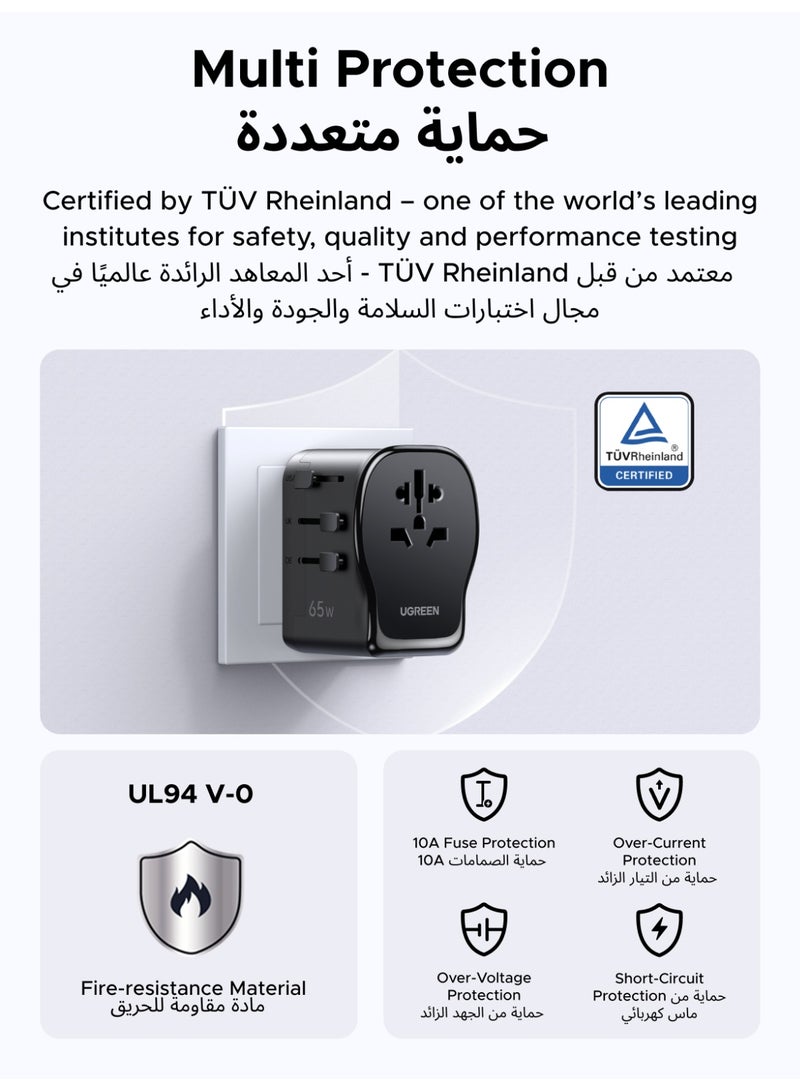 يو جرين 65W 2C1A Travel Adapter International Power Adapter Universal Fast Travel Charger Suitable For Dubai, Qatar, Egypt, Turkey, UK, France, US, China, Equipped With Type B， Type G, Type E/F Safe Charging - Image 5